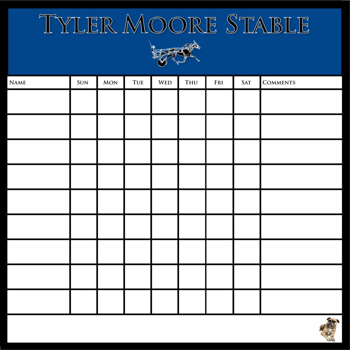 Dry Erase Horse Training Calendar - Medium 24"w x 24"h (Rows for 9 Horses)
