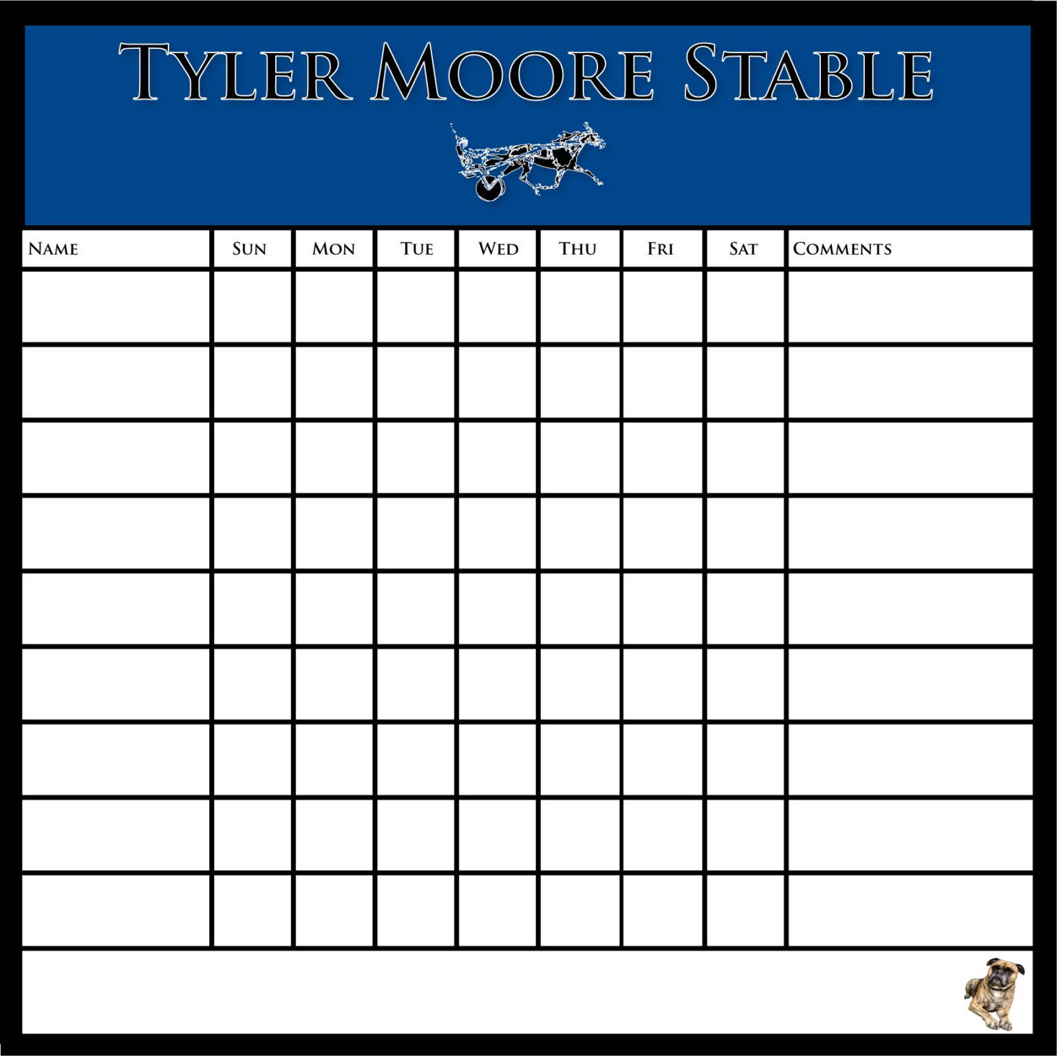 A blue and white blank board with the name of tyler moore state