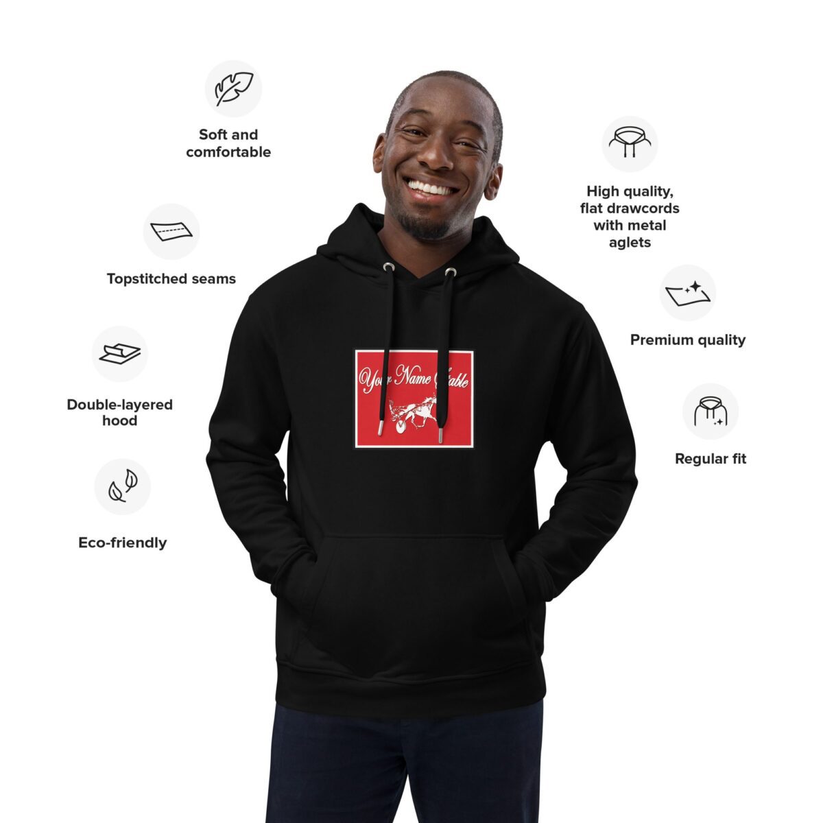 A man wearing a black hoodie with many features on it.