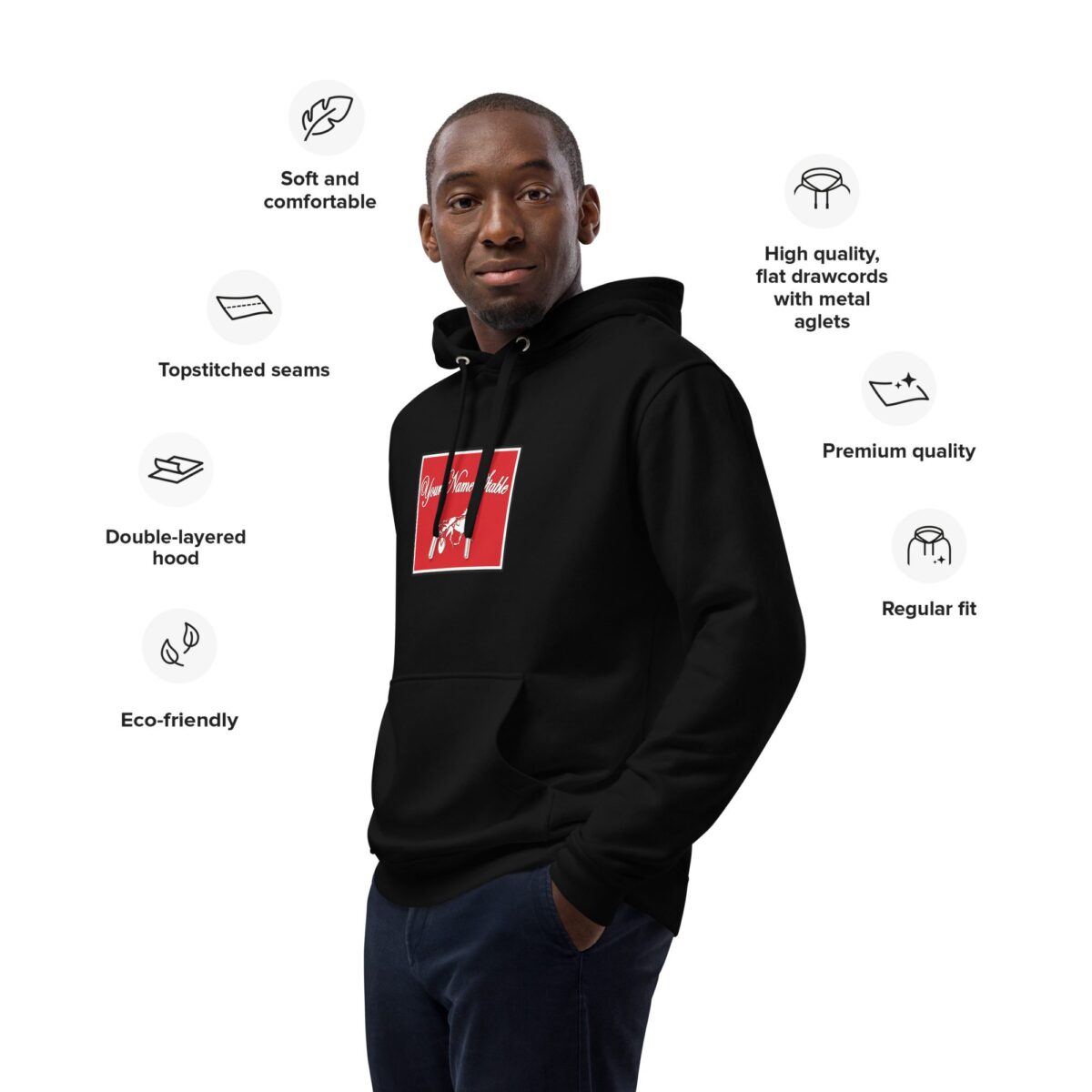 A man wearing a black hoodie with some icons around it