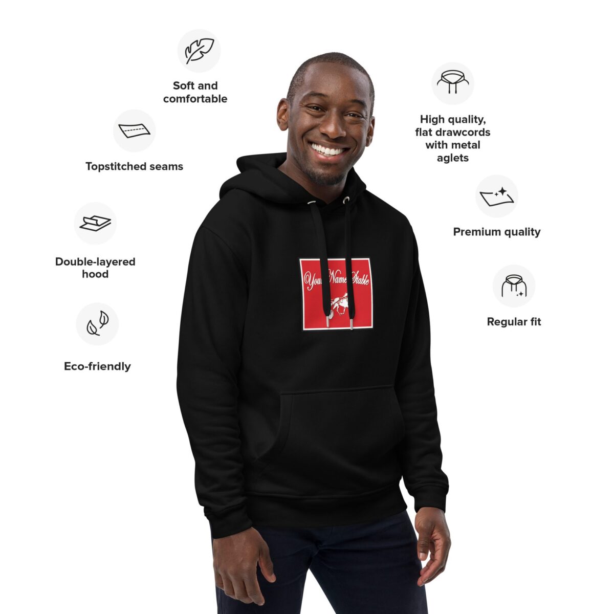 A man wearing a black hoodie with the words " i am " on it.