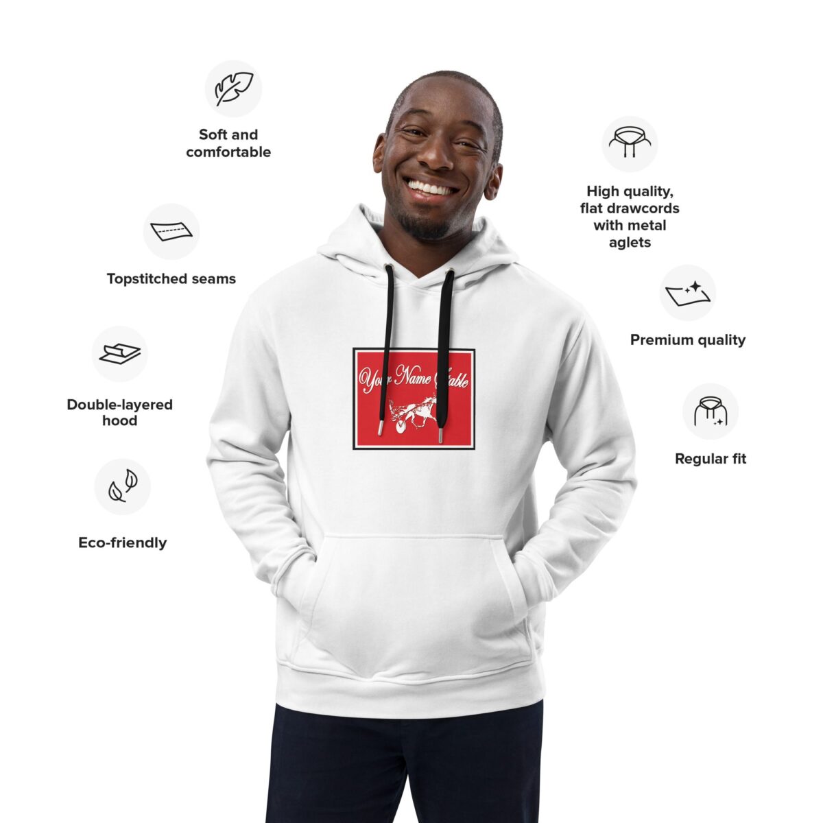A man wearing a white hoodie with many features on it.