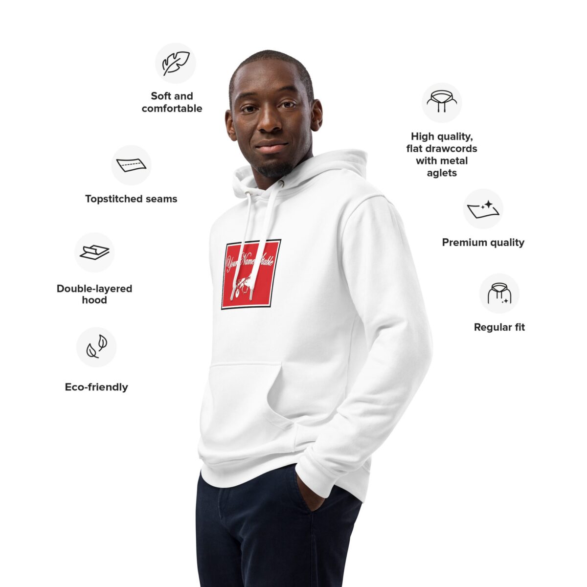 A man wearing a white hoodie with some icons around him