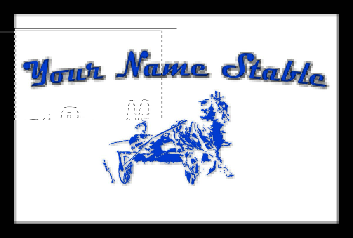 A blue and white image of a horse with rider.