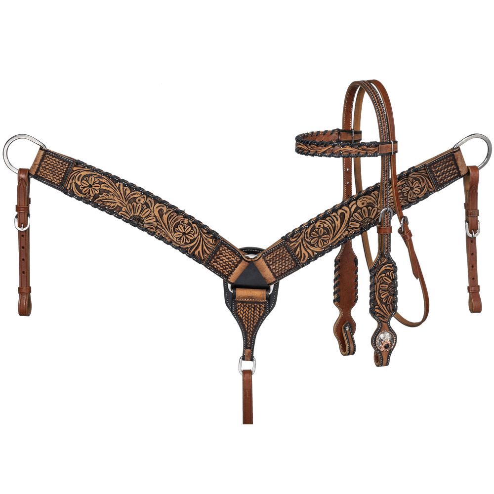 Brown leather horse breastplate with intricate tooling and matching headstall.