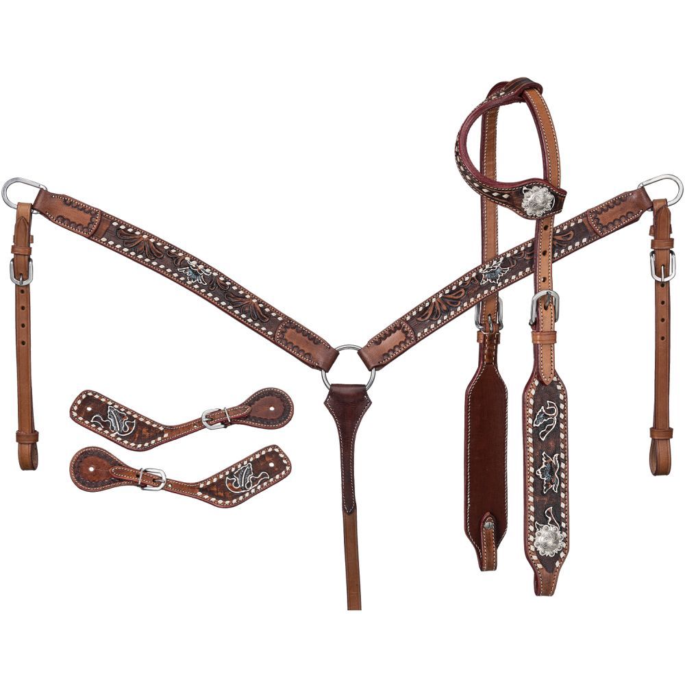 Intricately designed brown leather horse bridle with silver accents.