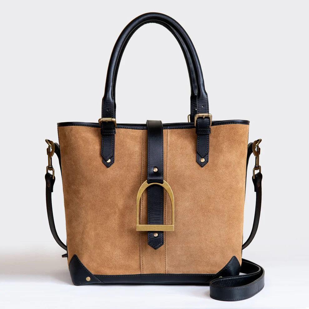 Signature - Riding Stirrup Tote Luxury Leather Handbag in Black on Chestnut