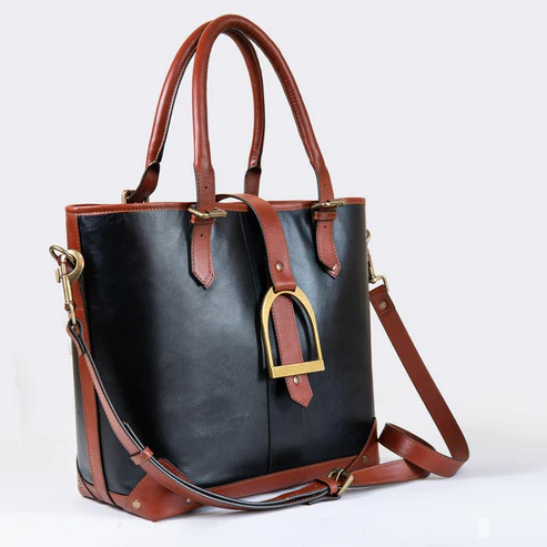 Signature - Riding Stirrup Tote Luxury Leather Handbag in Cognac on Black