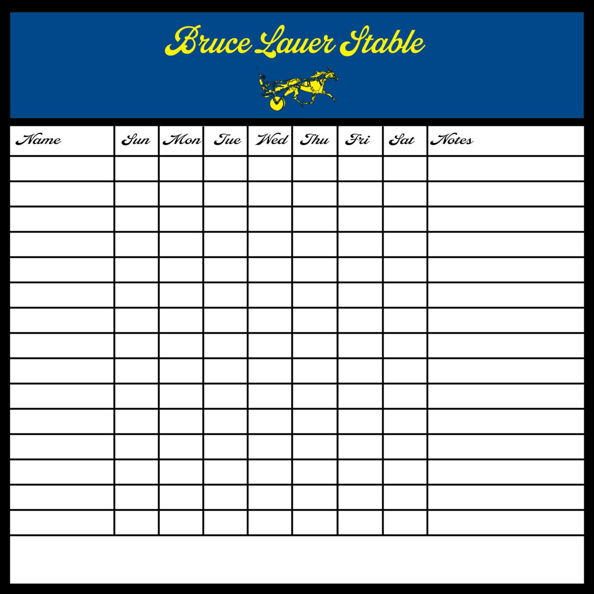 Dry Erase Horse Training Calendar - Large 36"w x 36"h (Rows for 15 Horses)