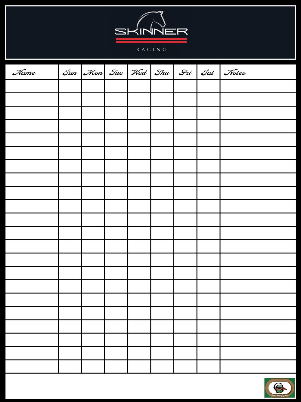 Dry Erase Horse Training Calendar - XL 36"w x 48"h (Rows for 22 Horses)
